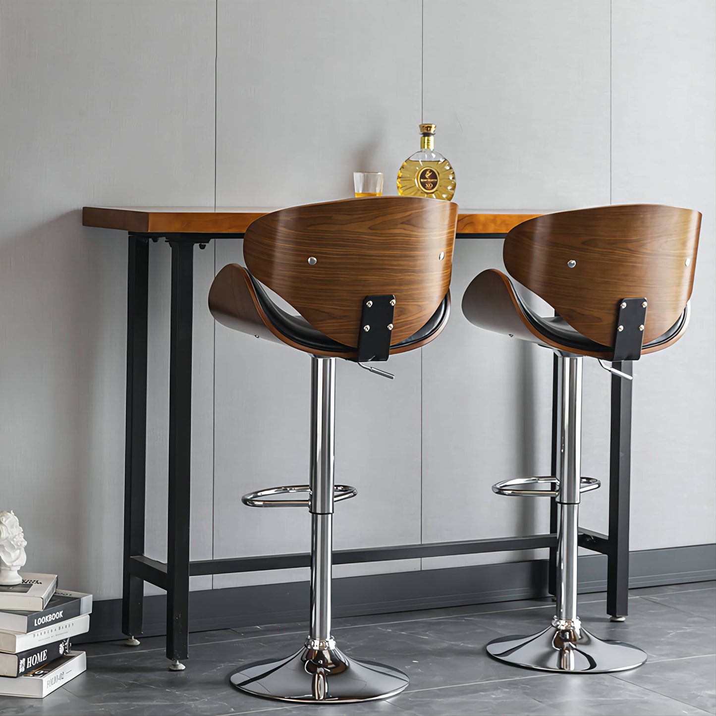 Adjustable Height Bar Stool Organic Bentwood Backrest Streamlined Leather Cushion & Dual-Option Metal Base
