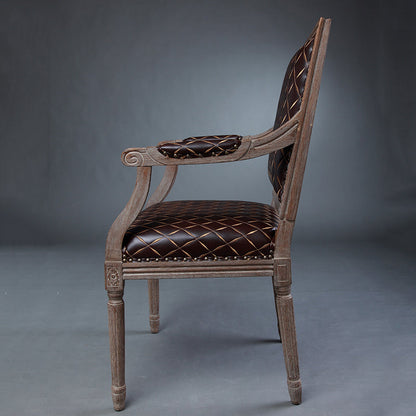 Vintage Distressed Wood & Leather Armchair with Diamond Stitching Classic Elegant Design for Living Room