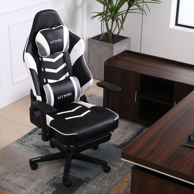 Ergonomic Gaming Chair High Back PU Leather Racing Style Computer Chair with Footrest Headrest Lumbar Pillow Adjustable Armrests for Gaming Office and Relaxation