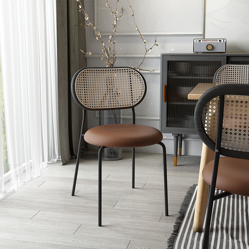 Retro Breathable Dining Chair Rattan Back, Metal Legs & Leather Cushion