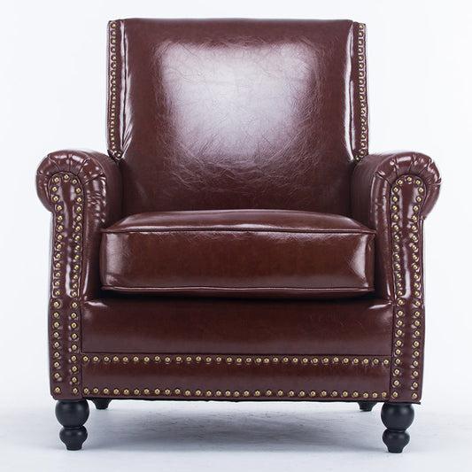 Retro American Leather Leisure Sofa Brass Rivet Detail Classic Bun Feet & Plush Seating