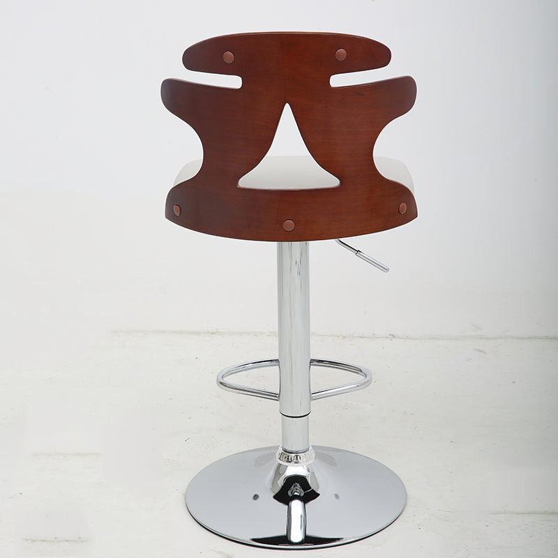 Adjustable Height Bar Stool Bentwood Cutout Backrest White Leather Cushion & Chrome Disc Base