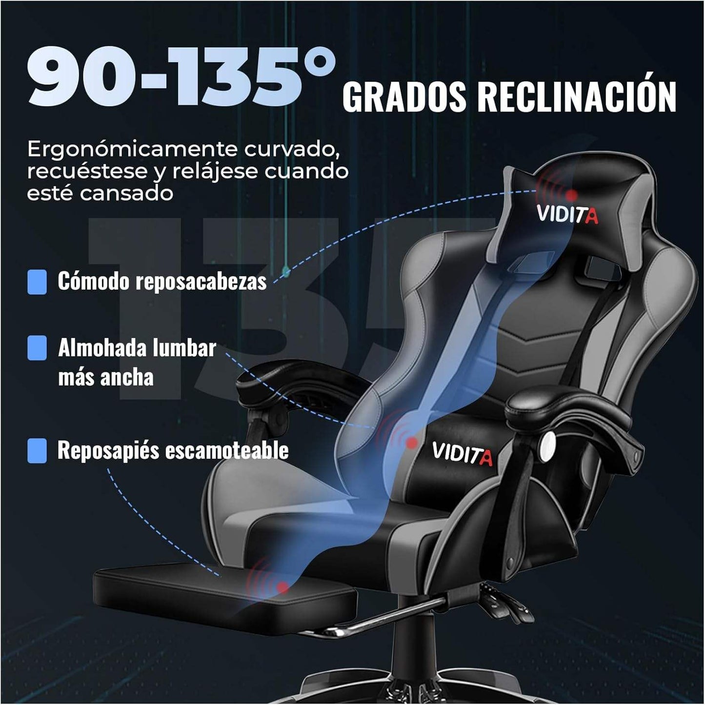 Ergonomic Gaming Chair High Back PU Leather Racing Style Computer Chair with Footrest Adjustable Headrest Lumbar Pillow 90°-135° Reclining Swivel Office Chair