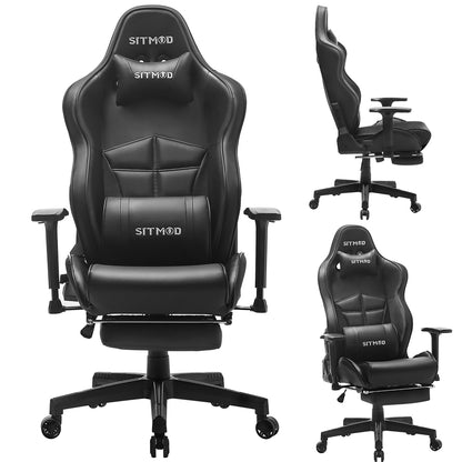 Ergonomic Gaming Chair 400 LBS High Back PU Leather Racing Style Computer Chair with Footrest Adjustable Headrest Lumbar Pillow 180° Reclining Swivel Office Chair