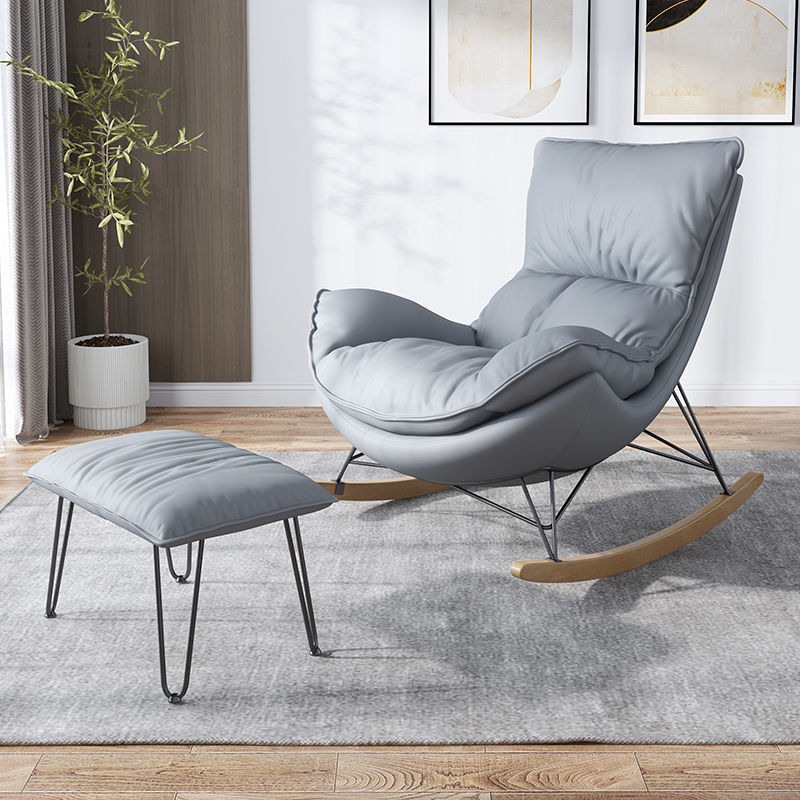 Plush Rocking Armchair Leather Upholstery Wood Rockers & Matching Ottoman for Cozy Lounge Spaces