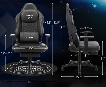 Black-White Massage Gaming Chair Lumbar Pillow Footrest Mat Adjustable Ergonomic Support for Gaming & Office Work Sessions