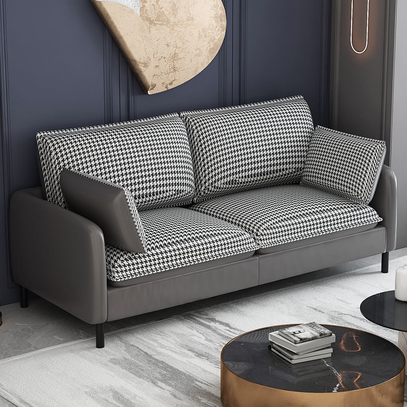 Modern Two-Tone Leather Sofa Modular Set Houndstooth Pattern Options Slim Metal Legs