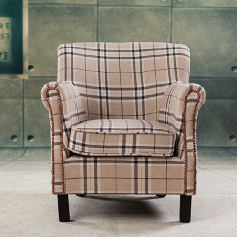 Chic Plaid Wingback Armchair & Ottoman Set Beige Brown Check Fabric Rivet Trim for Stylish Cozy Living Room Reading Nooks