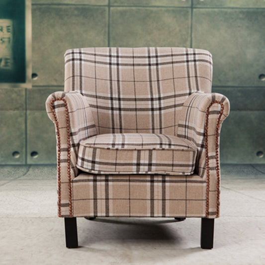 Chic Plaid Wingback Armchair & Ottoman Set Beige Brown Check Fabric Rivet Trim for Stylish Cozy Living Room Reading Nooks