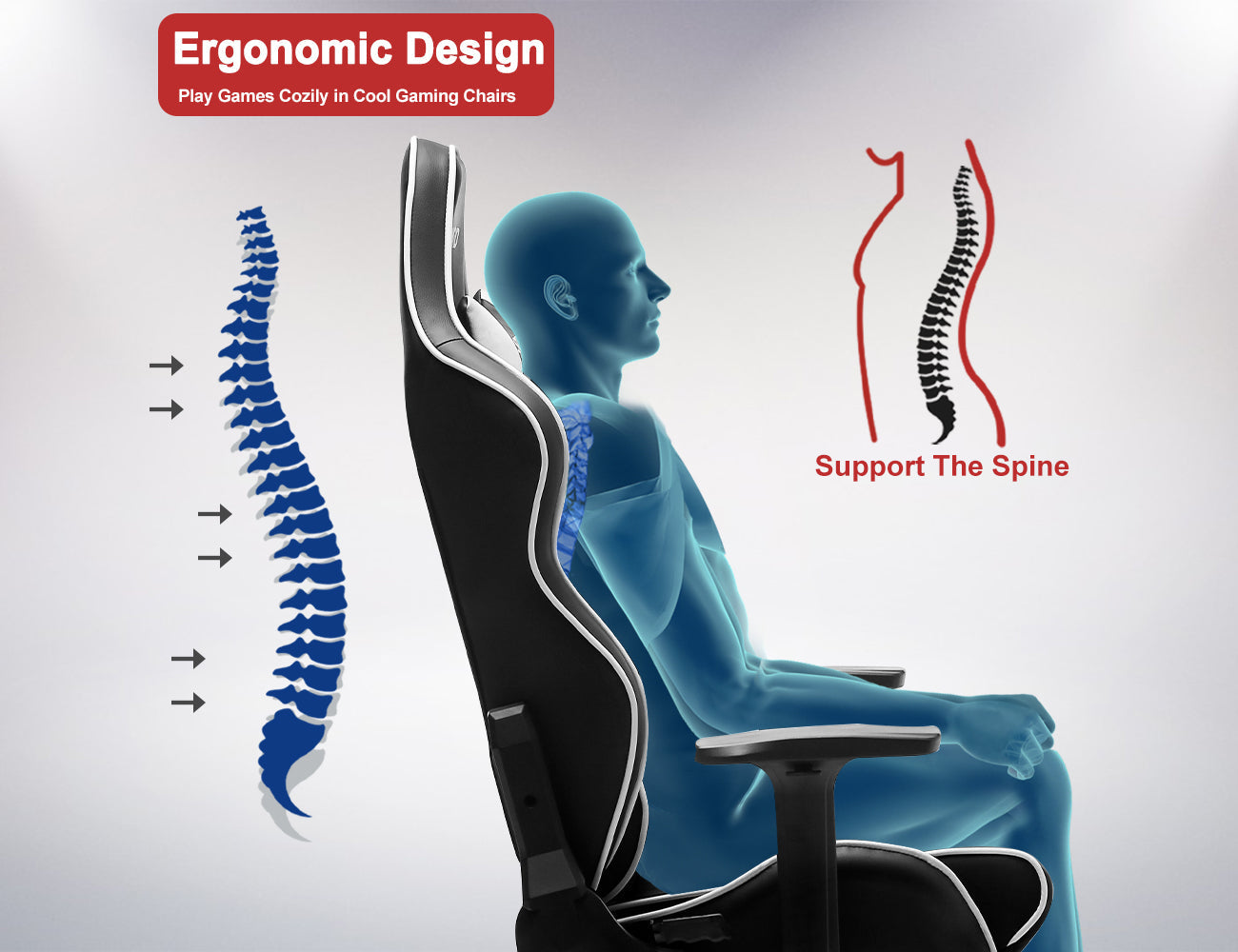 Black-White Ergonomic Gaming Chair Headrest, Lumbar Pillow Spine Support Adjustable Sturdy Base for Comfortable Gaming & Office Work Sessions