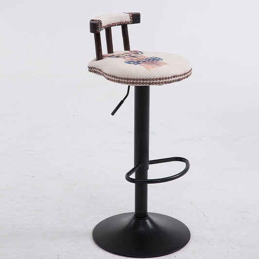 Retro Wooden-Leg Bar Stool Rivet-Decorated Backrest Hemp Footrest for Vintage/American-Style Spaces