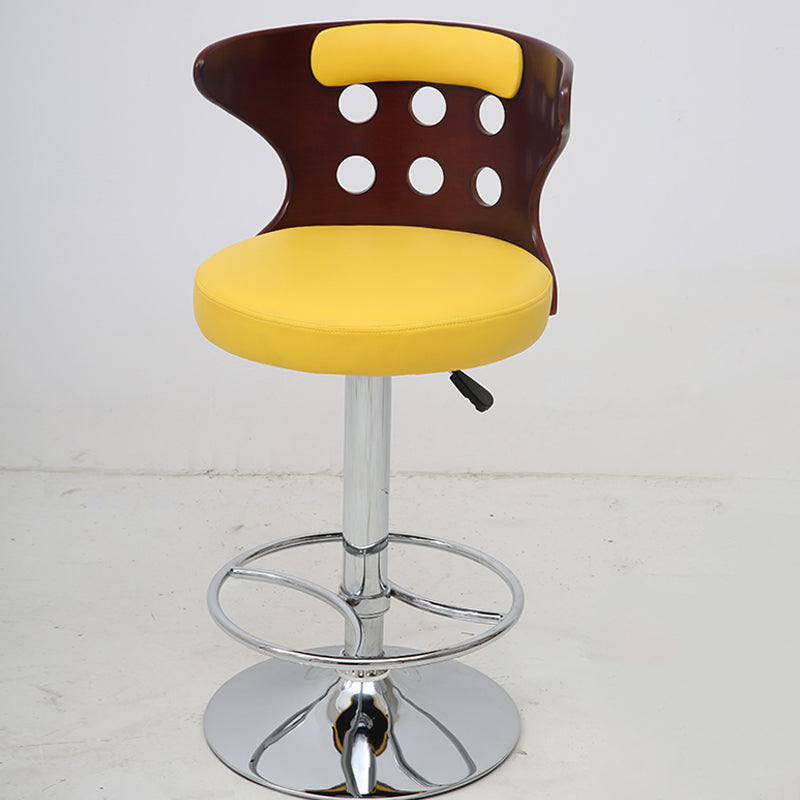 Adjustable Height Bar Stool Perforated Bentwood Backrest Plush Leather Cushion & Chrome Disc Base