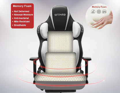 Black-White Ergonomic Gaming Chair Headrest Lumbar Pillow Spine Support Footrest Adjustable for Comfortable Gaming & Office Work Sessions