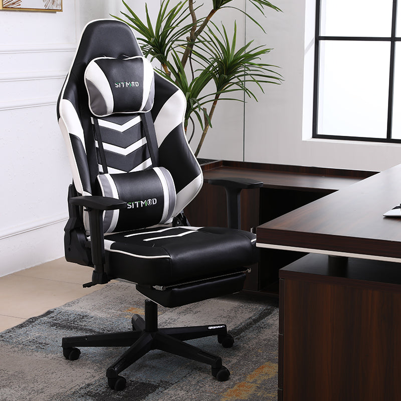 Ergonomic Gaming Chair High Back PU Leather Racing Style Computer Chair with Footrest Headrest Lumbar Pillow Adjustable Armrests for Gaming Office and Relaxation