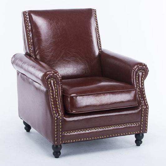 Retro American Leather Leisure Sofa Brass Rivet Detail Classic Bun Feet & Plush Seating