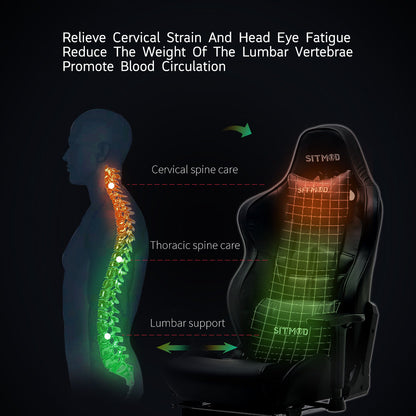 Black Quilted Gaming Chair Headrest, Lumbar Pillow Footrest Sturdy Base Adjustable Ergonomic Support for Gaming & Office Work Sessions