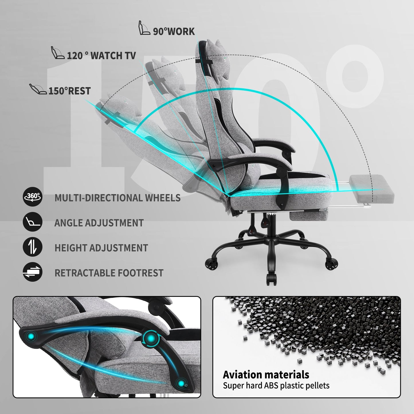 Gaming Chair Comfortable Video Game Chairs for Adults with Footrest High Back Headrest Lumbar Support Fabric Office Computer Desk Chair Reclining Ergonomic Big and Tall Silla Gamer