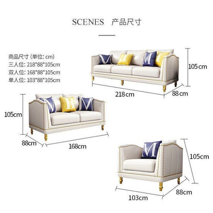 Luxury White Leather 3-Seater Sofa Gold Rivet Trim Golden Legs Modern Elegant Design for Stylish Cozy Living Room Lounging Spaces