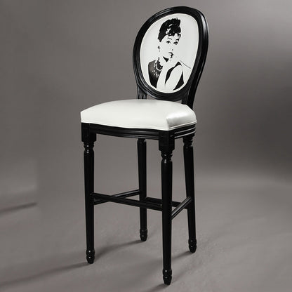 Vintage Wooden Bar Stool with Pirate Skull Design Distressed Finish & Upholstered Seat for Home/Bar