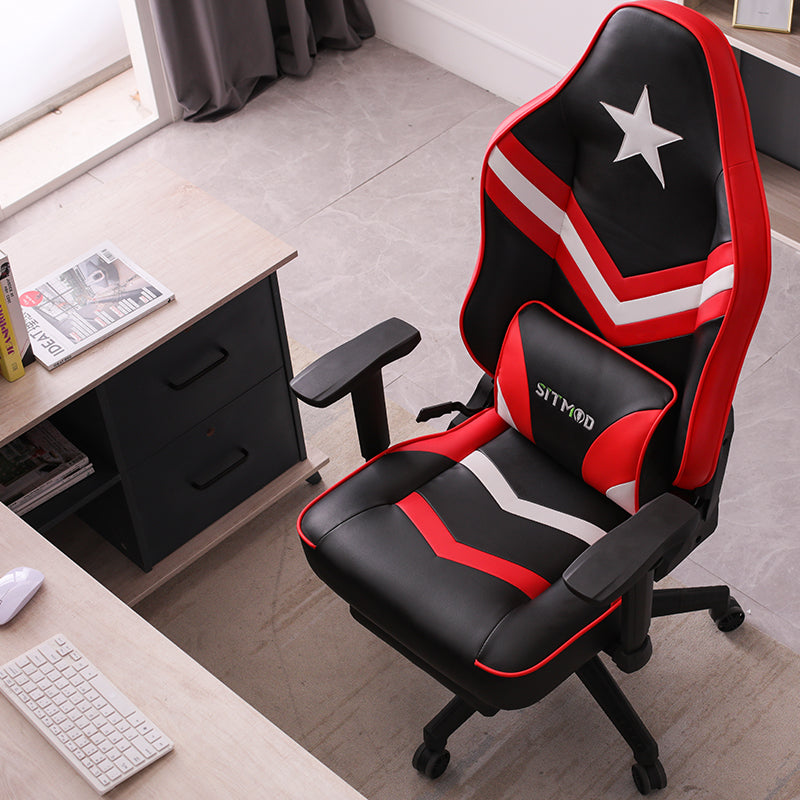 Captain America Style Ergonomic Gaming Chair High Back PU Leather Racing Chair with Footrest Adjustable Headrest Lumbar Pillow 180° Reclining Swivel Office Chair