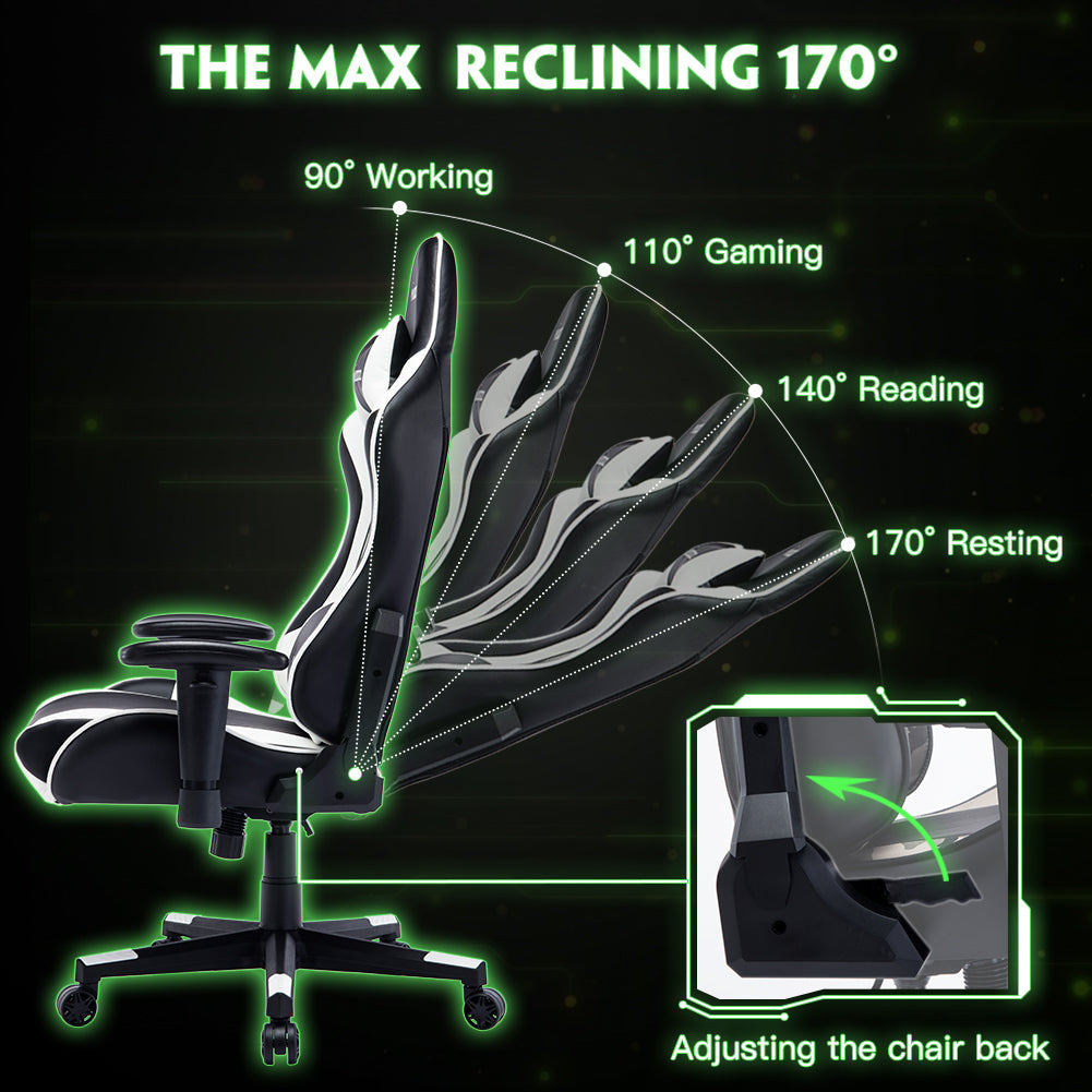 Ergonomic Gaming Chair High Back PU Leather Racing Style Computer Chair with Adjustable Headrest Lumbar Pillow 170° Reclining Swivel Office Chair for Gaming and Work