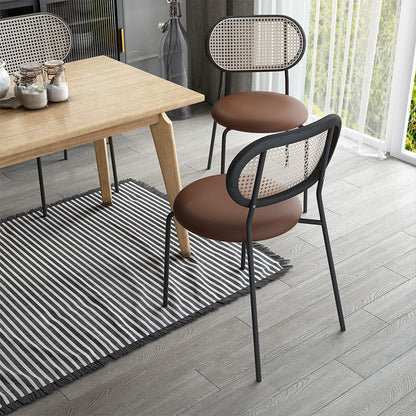 Retro Breathable Dining Chair Rattan Back, Metal Legs & Leather Cushion