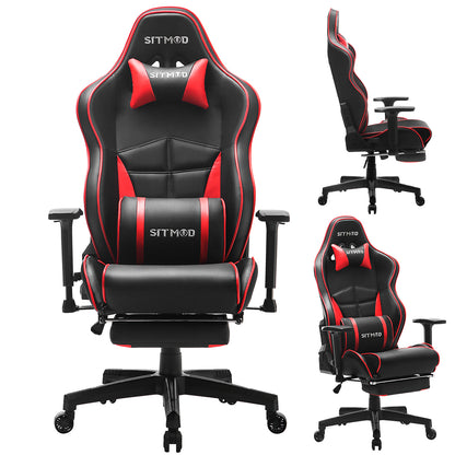 Ergonomic Gaming Chair 400 LBS High Back PU Leather Racing Style Computer Chair with Footrest Adjustable Headrest Lumbar Pillow 180° Reclining Swivel Office Chair