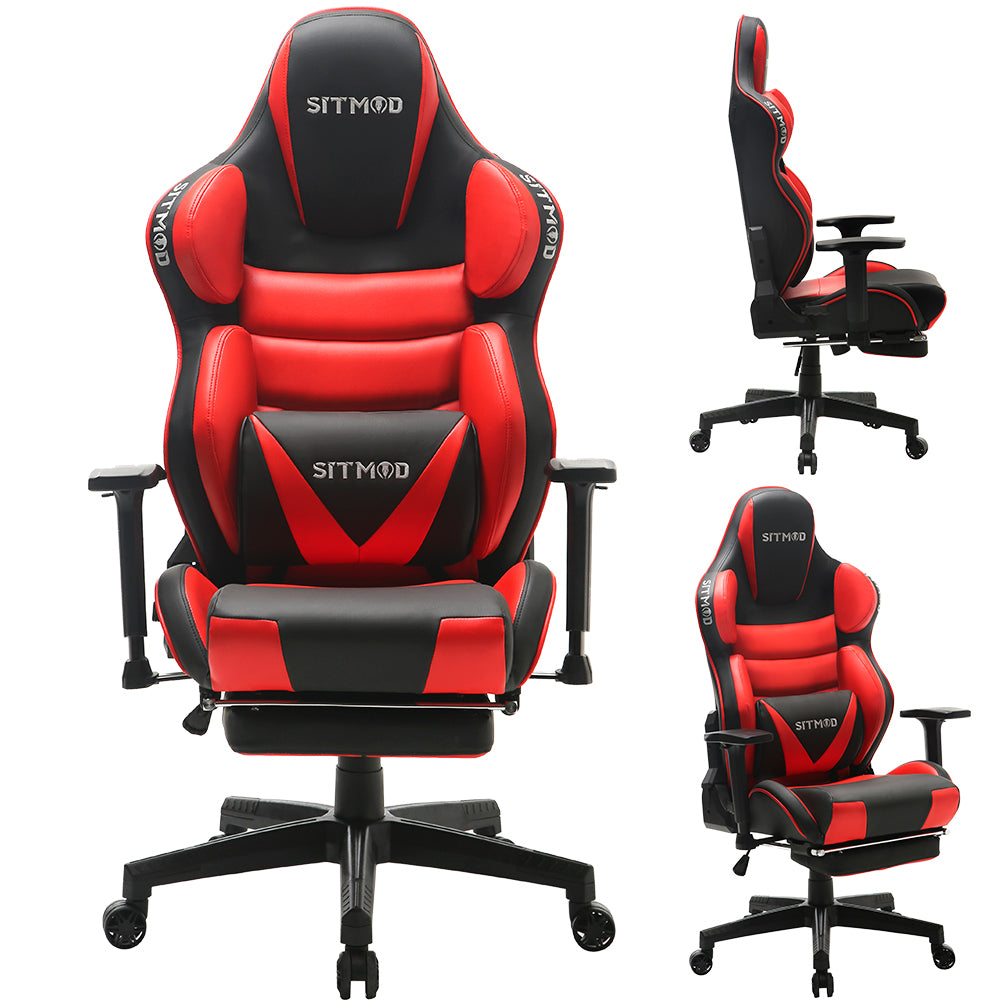 Ergonomic Gaming Chair High Back PU Leather Racing Style Computer Chair with Footrest Adjustable Headrest Lumbar Pillow 180° Reclining Swivel Office Chair