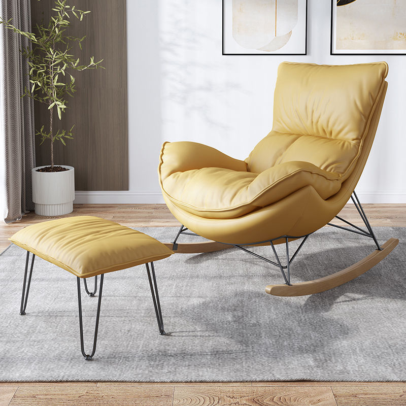 Plush Rocking Armchair Leather Upholstery Wood Rockers & Matching Ottoman for Cozy Lounge Spaces