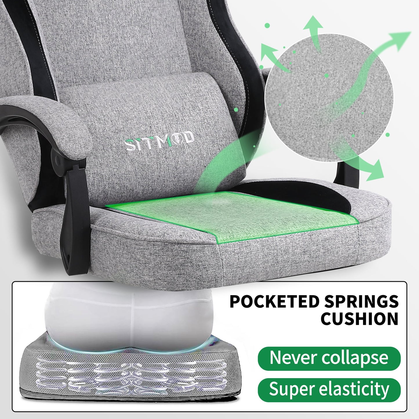 Gaming Chair Comfortable Video Game Chairs for Adults with Footrest High Back Headrest Lumbar Support Fabric Office Computer Desk Chair Reclining Ergonomic Big and Tall Silla Gamer