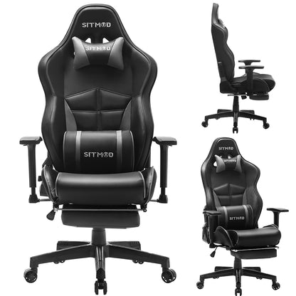 Ergonomic Gaming Chair 400 LBS High Back PU Leather Racing Style Computer Chair with Footrest Adjustable Headrest Lumbar Pillow 180° Reclining Swivel Office Chair