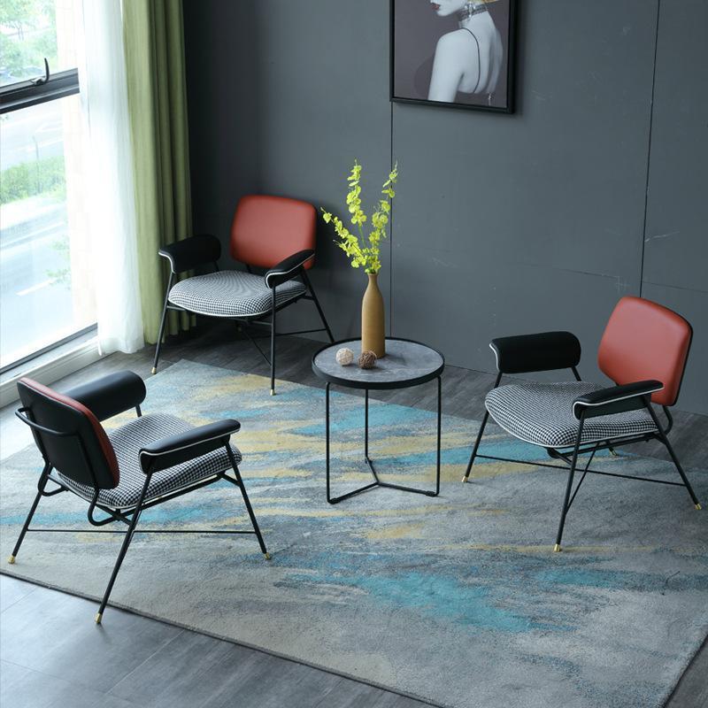 Modern Accent Armchair Houndstooth Cushion Contrast Leather & Metal Frame with Customizable Color Options