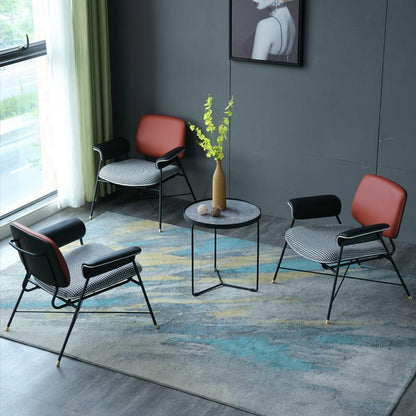 Modern Accent Armchair Houndstooth Cushion Contrast Leather & Metal Frame with Customizable Color Options