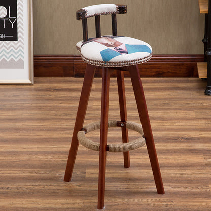 Bar Chair Bar Stool with Rivet Trim or Animal Print Fabric Cushion Short Backrest Solid Beech Wood Legs Multifunctional Fixed Height Bar Stool for Home Bar Kitchen Island Pub Living Room Home Decor