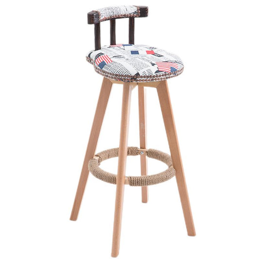 Bar Chair Bar Stool with Rivet Trim or Animal Print Fabric Cushion Short Backrest Solid Beech Wood Legs Multifunctional Fixed Height Bar Stool for Home Bar Kitchen Island Pub Living Room Home Decor