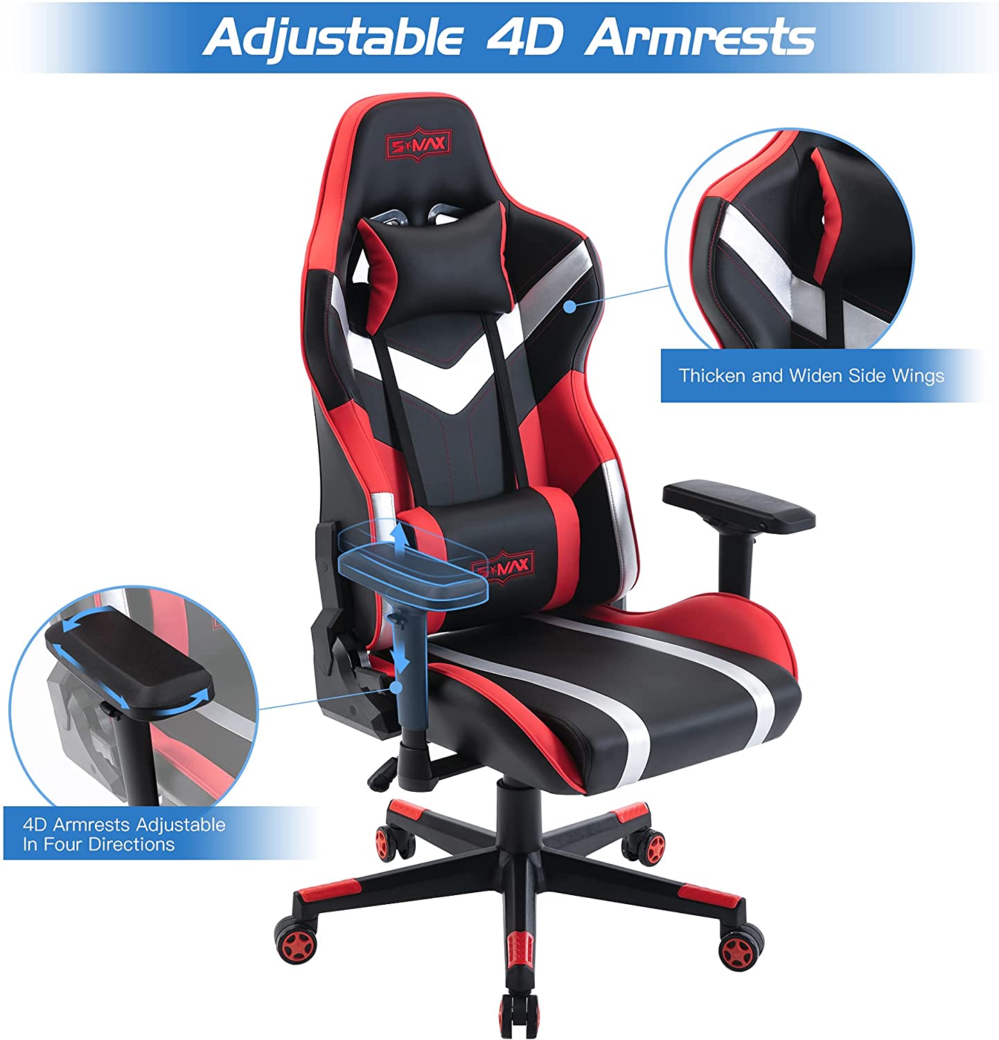 Ergonomic Gaming Chair High Back PU Leather Racing Style Computer Chair with Adjustable Headrest Lumbar Pillow 160° Reclining 4D Armrest Swivel Office Chair