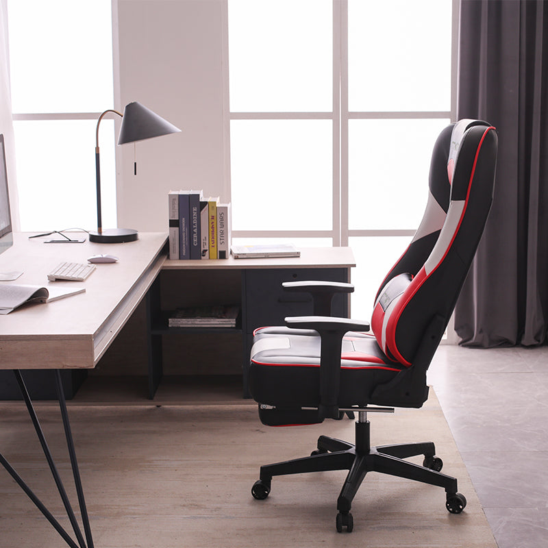 Red-Black-White Gaming Chair Lumbar Pillow, Footrest Adjustable Arms Sturdy Base Ergonomic Support for Gaming & Office Work Sessions