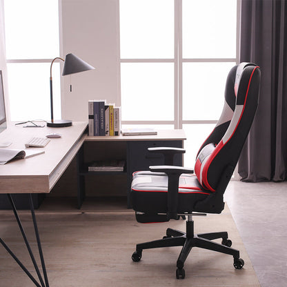 Red-Black-White Gaming Chair Lumbar Pillow, Footrest Adjustable Arms Sturdy Base Ergonomic Support for Gaming & Office Work Sessions