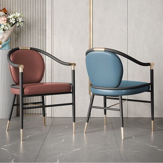 Light Luxury Modern Armchair Black Metal Frame Gold Accents & Leather Cushion