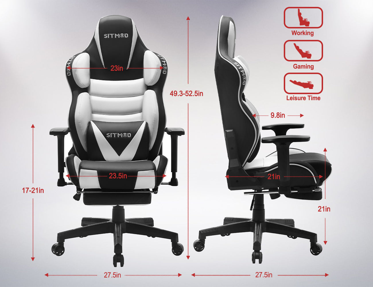 Black-White Ergonomic Gaming Chair Headrest Lumbar Pillow Spine Support Footrest Adjustable for Comfortable Gaming & Office Work Sessions