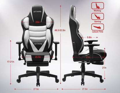 Black-White Ergonomic Gaming Chair Headrest Lumbar Pillow Spine Support Footrest Adjustable for Comfortable Gaming & Office Work Sessions