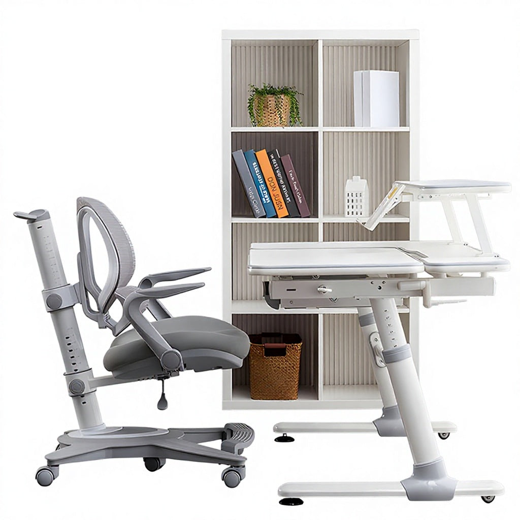 Adjustable Height Kids Study Desk and Chair Set Ergonomic Children Writing Desk with Tilt Desktop Drawer Bookshelf and High Back Mesh Chair for Boys Girls Teens Home School Use