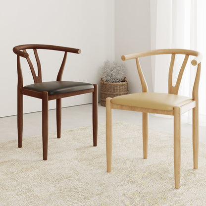 Nordic Classic Solid Wood Dining Chair Curved Armrest Multi-Wood Tones & Leather Cushion