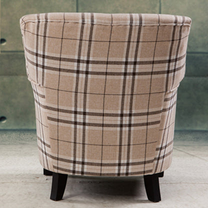 Chic Plaid Wingback Armchair & Ottoman Set Beige Brown Check Fabric Rivet Trim for Stylish Cozy Living Room Reading Nooks