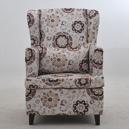 Modern Brown Wingback Armchair: Upholstered Fabric with White Geometric Crackle Pattern, Single Seater for Stylish Living Room/Office Decor