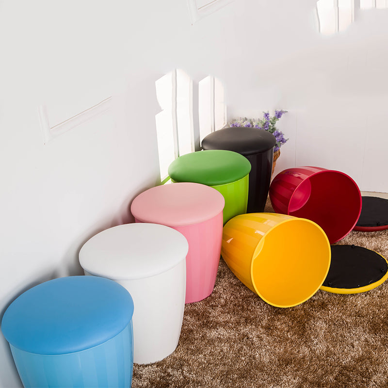 PU Storage Stool with Cushion Lid Multifunctional Ottoman Shoe Changing Stool Barrel Shaped Footrest for Living Room Bedroom Entryway