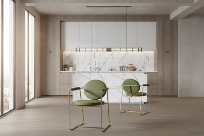 Modern Multi-Functional Armchair Gold Metal Frame, Olive Green Leather Cushion & Curved Design