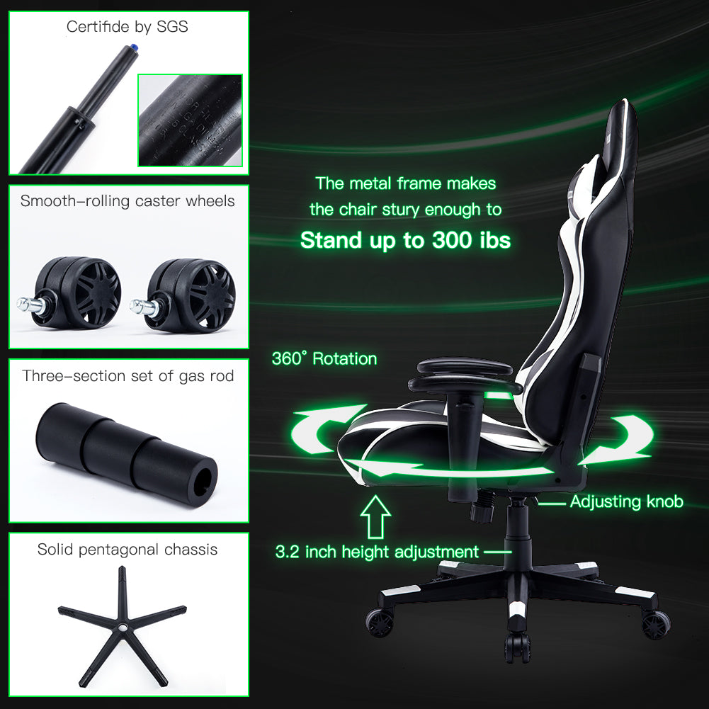 MUSSO ZERO Series Black-White Gaming Chair Headrest Adjustable Arms Sturdy Base Ergonomic Support for Extended Gaming & Office Work Sessions