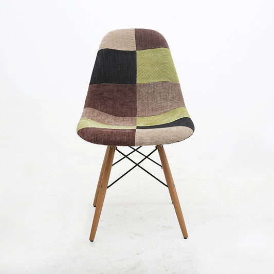 Retro Patchwork Fabric Armchair Classic Molded Back Wood-Metal Hybrid Frame & Artistic Color Blocks