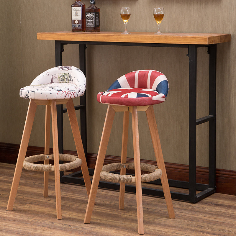 Bar Chair Bar Stool with Hemp Rope Wrapped Footrest Bucket Seat Design Fabric Upholstered Solid Beech Wood Legs Multifunctional Counter Chair for Home Bar Kitchen Island Cafe Pub Indoor Home Decoration